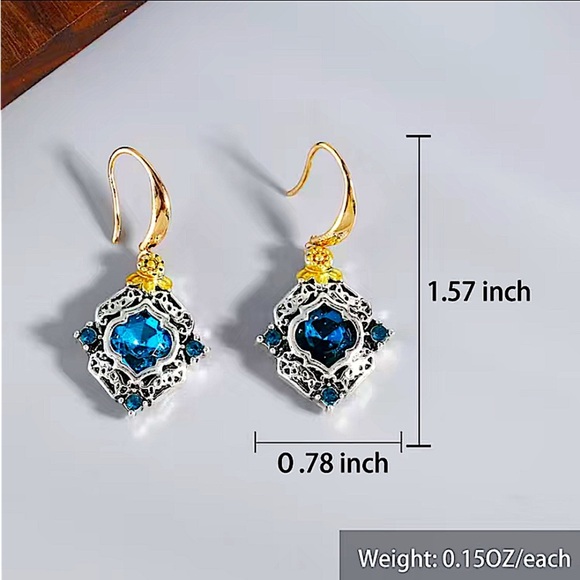Vintage Blue Topaz Crystal Zircon Two Tone Dangle Earrings - Picture 5 of 5